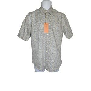 Soft Cloth Men's Shirt M Blue Yellow Micro Floral Print Short Sleeve Button Up